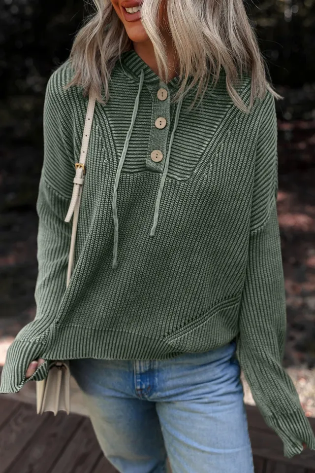 Women's Washed Rib Button Hoodie With Drawstrings Sweater Mist Green - Shop at LoveMi