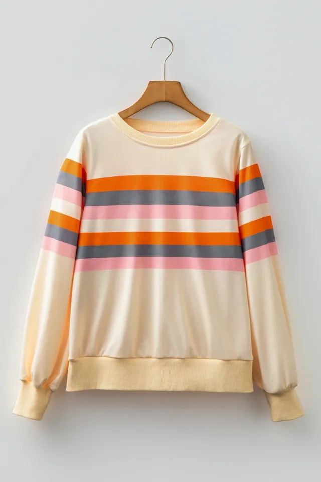 Striped Puff Sleeve Casual Sweatshirt Women Beige - Shop at LoveMi