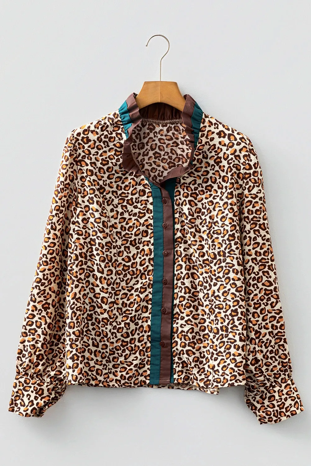 Brown Leopard Print Contrast Frilled Trim Button Down V Neck Shirt - Brown