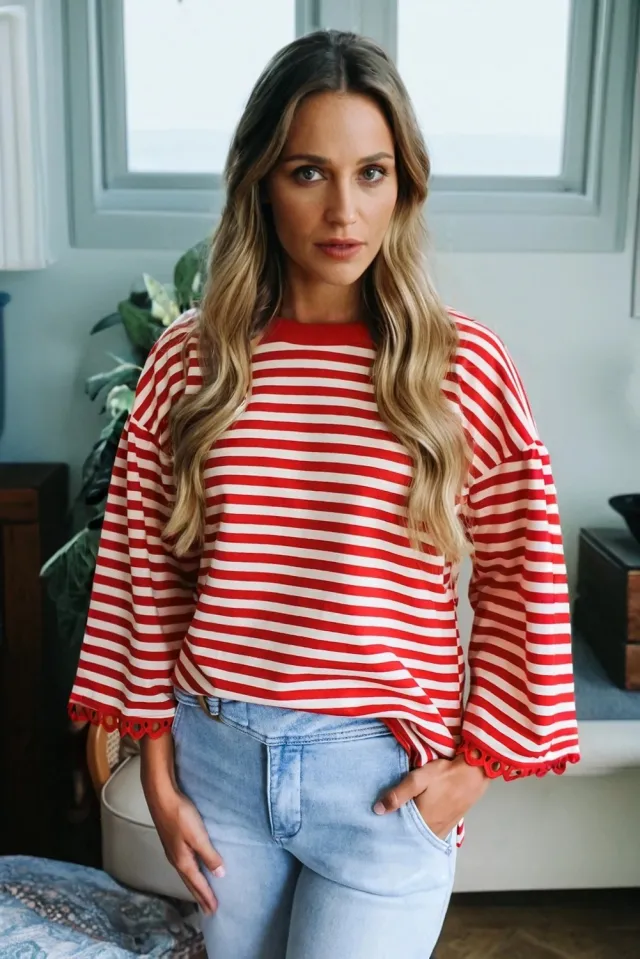 Fashion Striped Crew Neck Long Sleeves Women Red - Shop at LoveMi