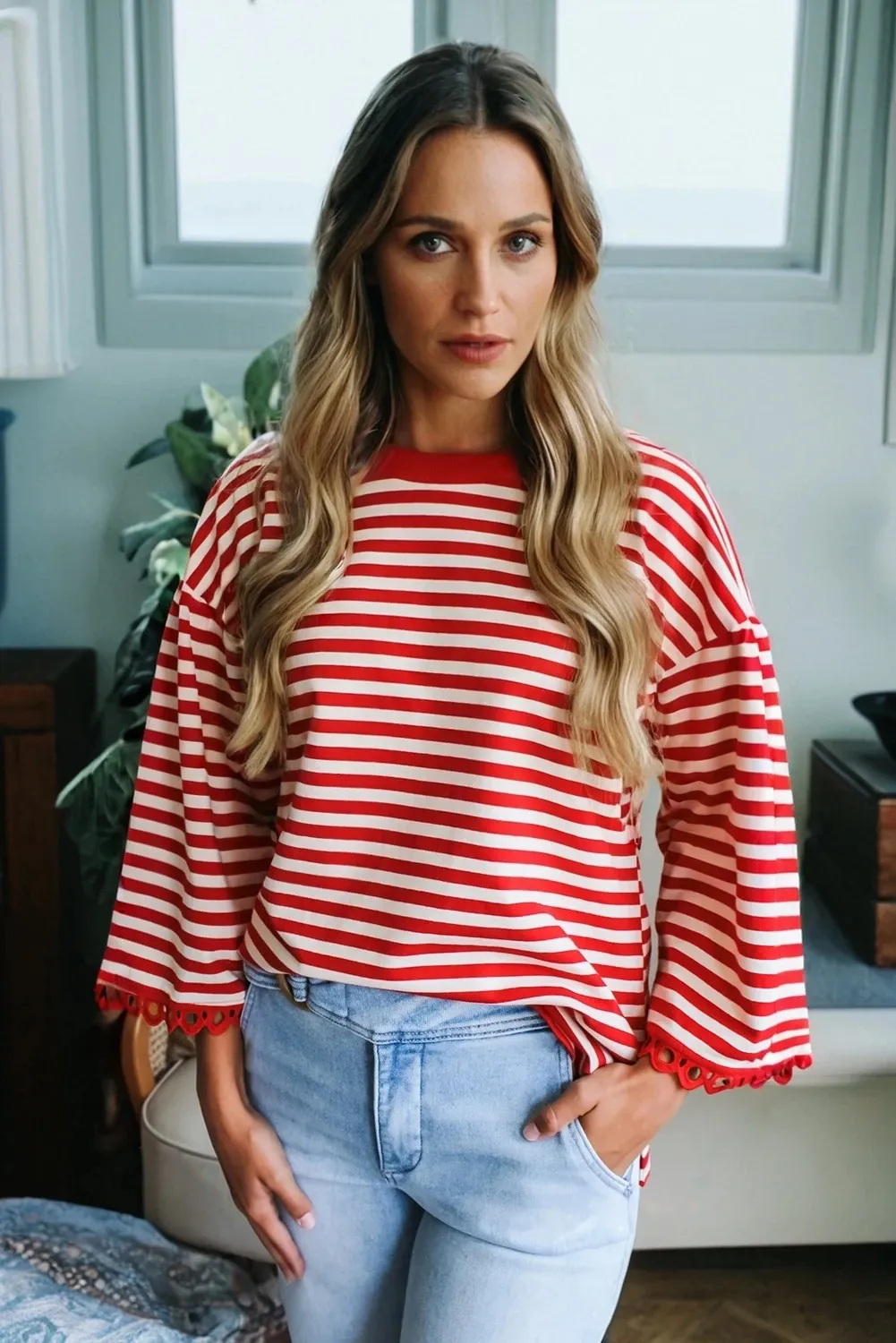 Fashion Striped Crew Neck Long Sleeves Women - Red