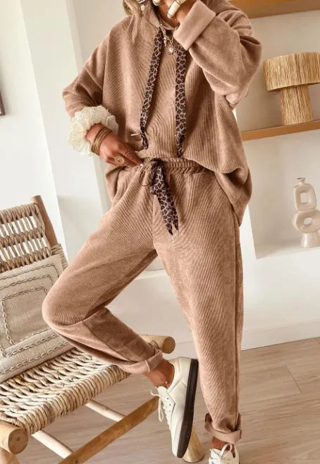 Parchment Thermal Textured Lace Leopard Drawstring Baggy Hoodie Dark Khaki - Shop at LoveMi