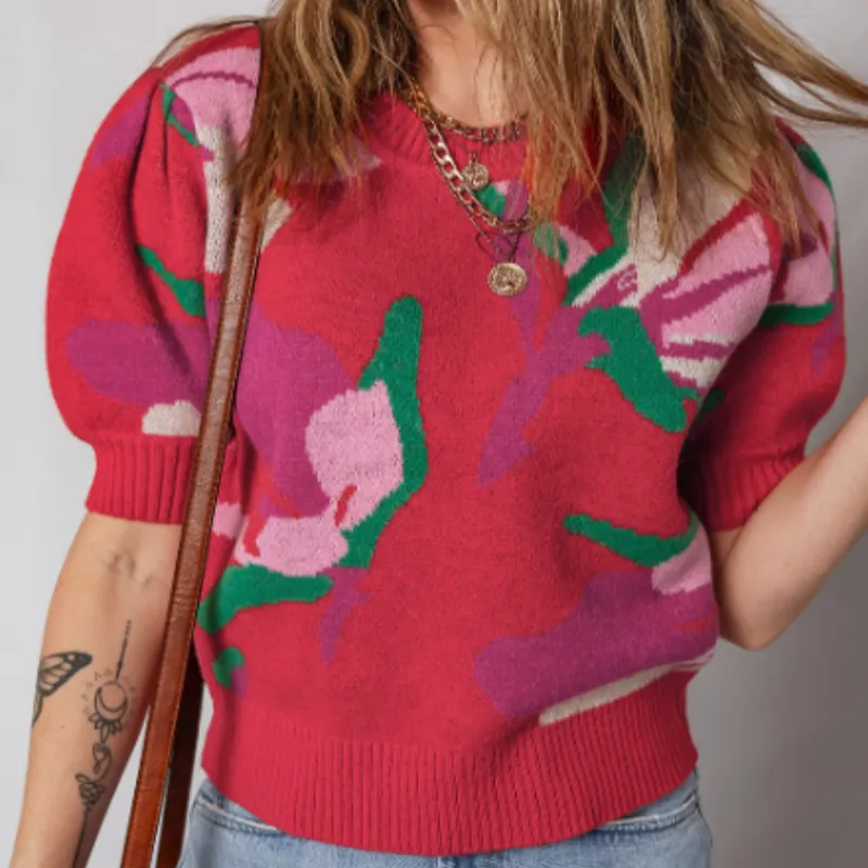 Red Floral Abstract Print Short Puff Sleeve Sweater - Pink