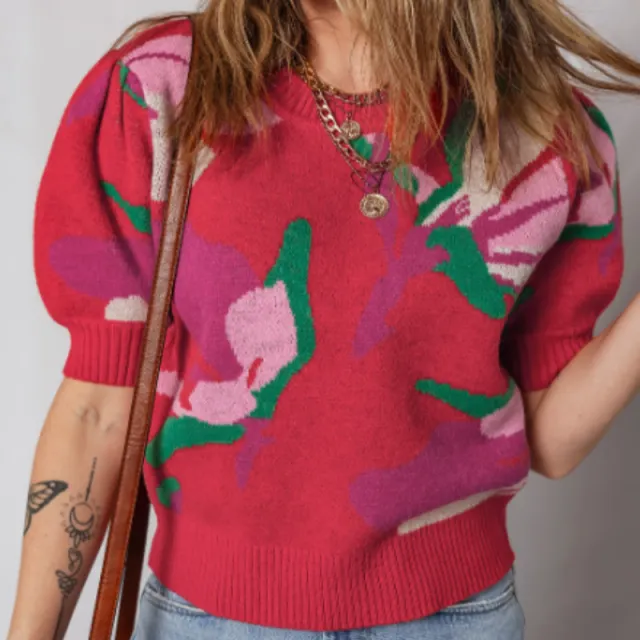 Red Floral Abstract Print Short Puff Sleeve Sweater Pink - Shop at LoveMi