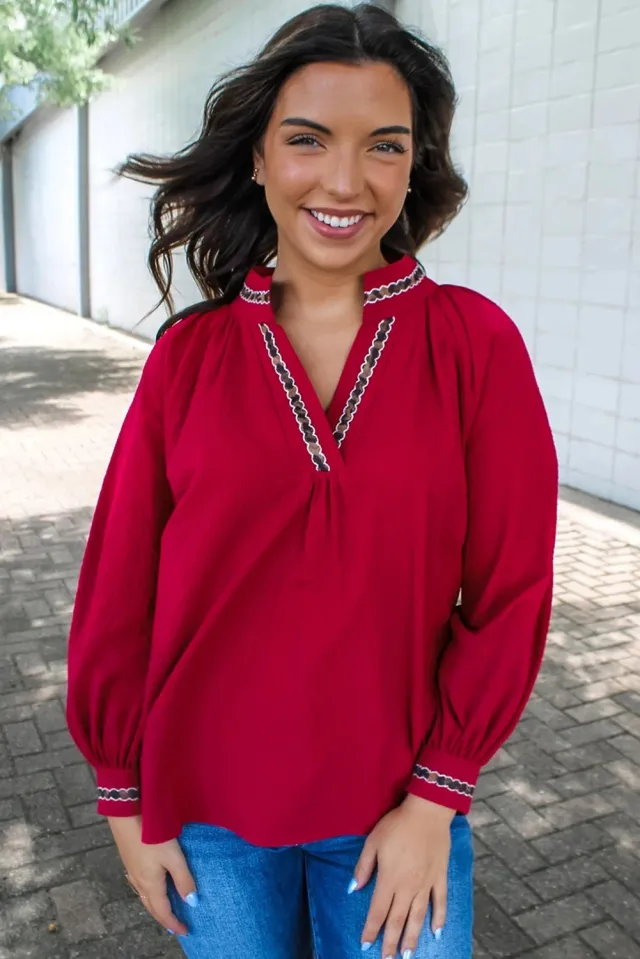 Women's Fashionable Embroidered Collar Printed Shirt Red - Shop at LoveMi