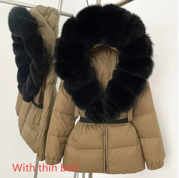Oversized Real Fox Fur Collar Hooded White Duck Down Jacket Khaki Black Thin Belt - Shop at LoveMi