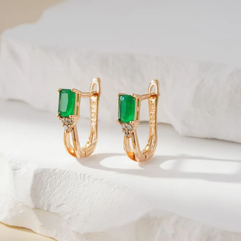 Rose Gold Square Green Zircon Stud Earrings - Green