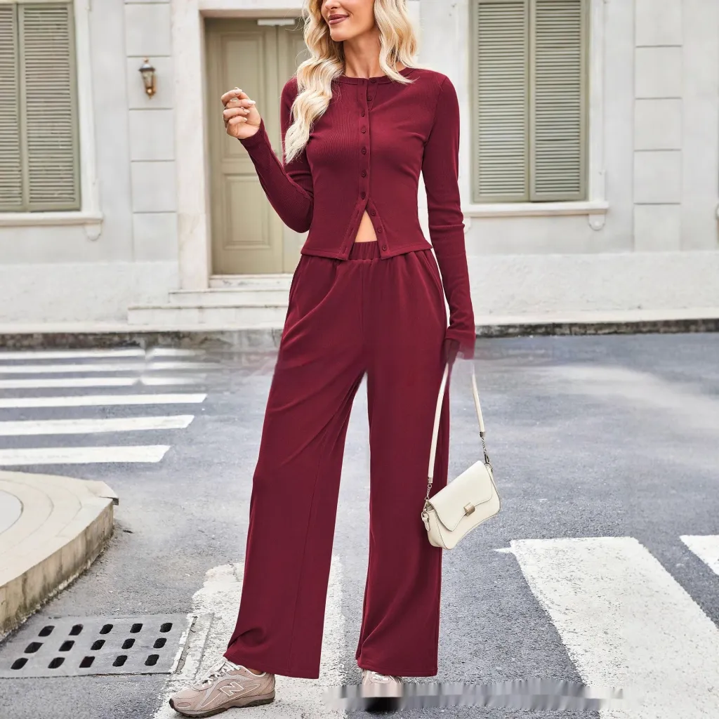 Women's Coat And Trousers Two-piece Set - Wine Red