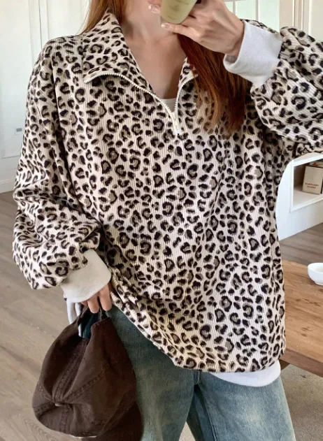 Beige Leopard Print Quarter Zip Corduroy Sweatshirt - Beige
