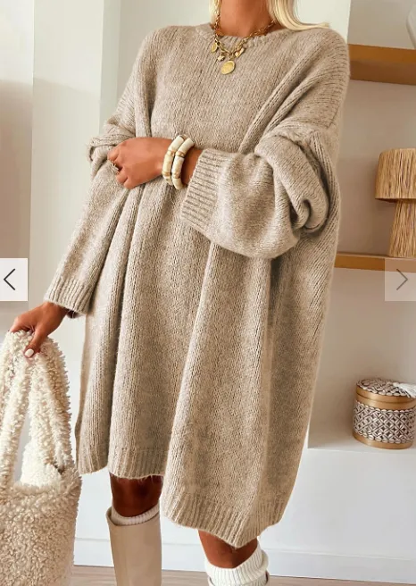 Pale Khaki Exposed Seam Drop Shoulder Oversize Sweater Mini Dress Pale Khaki - Shop at LoveMi