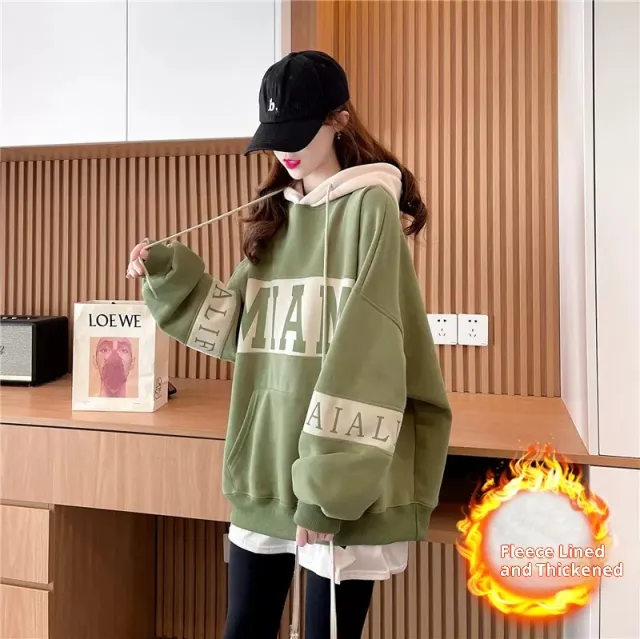 Thickened Assorted Colors Letter Hooded Sweater Green - Shop at LoveMi