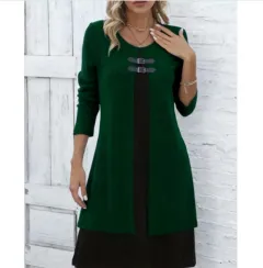 Contrast Color False Two-piece Suit Button Slim Fit Dress Sweater - Army Green - View 1