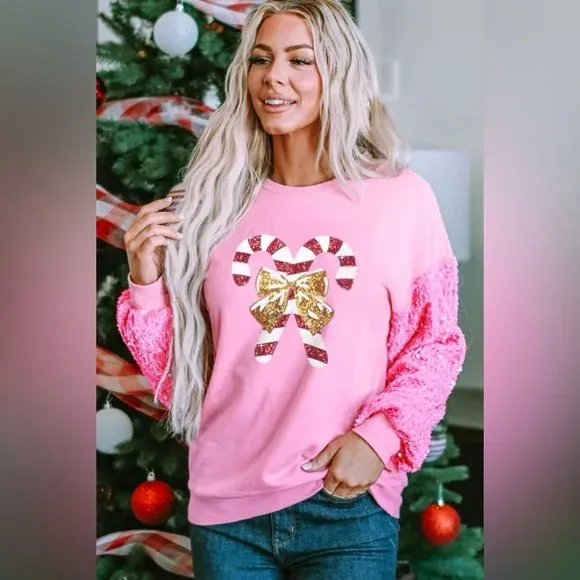 Women's Sequins Padded Top Christmas - Pink Candy