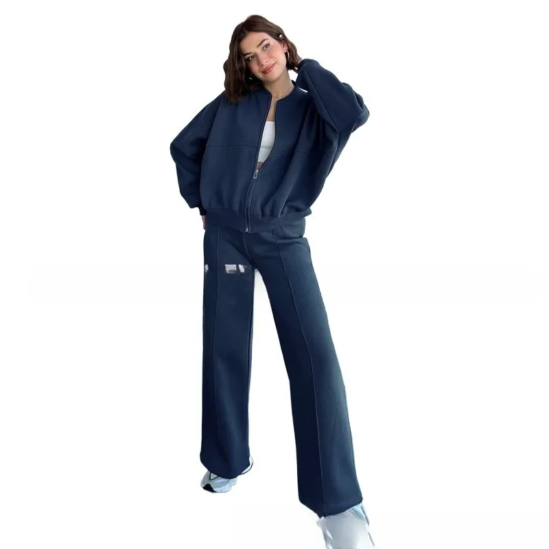 Casual Sports Suit Cardigan Sweater Wide Leg Sweatpants For Women - Blue