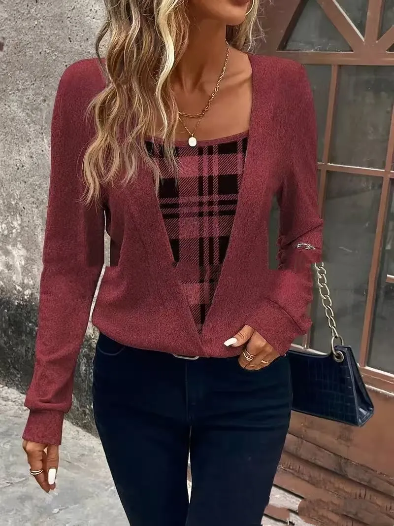 Plaid Printed Fake Two Pieces Fashionable And Comfortable Autumn And Winter Long Sleeves - 2Color