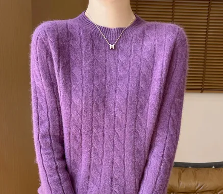 Twist Round Neck Thickened Woolen Pullover Base Sweater Purple - Shop at LoveMi