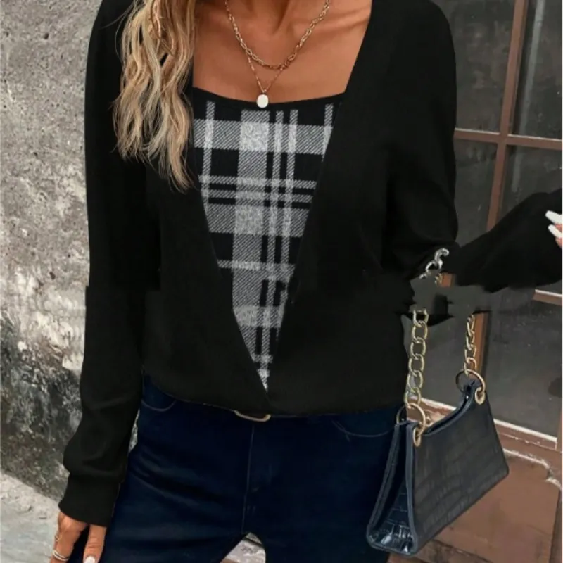 Plaid Printed Fake Two Pieces Fashionable And Comfortable Autumn And Winter Long Sleeves - 7Color-L