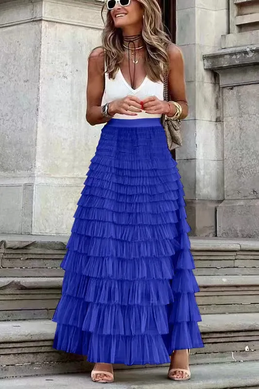 Layered Ruffles Cake Skirt Summer Fashion A Line Swing Mesh Long Skirt Party Dress Women Blue - Shop at LoveMi