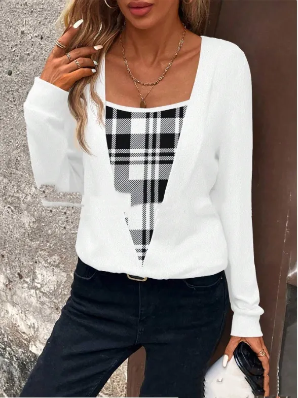 Plaid Printed Fake Two Pieces Fashionable And Comfortable Autumn And Winter Long Sleeves - 4Color-Xl