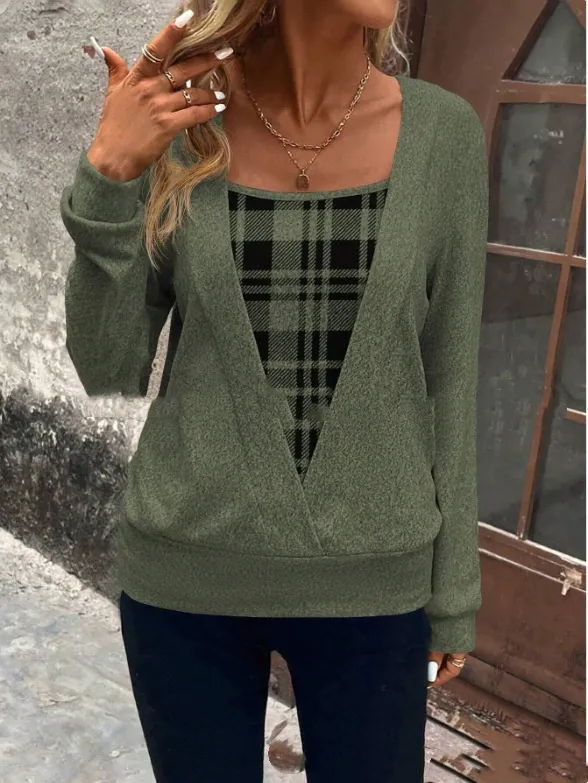 Plaid Printed Fake Two Pieces Fashionable And Comfortable Autumn And Winter Long Sleeves 6Color - Shop at LoveMi
