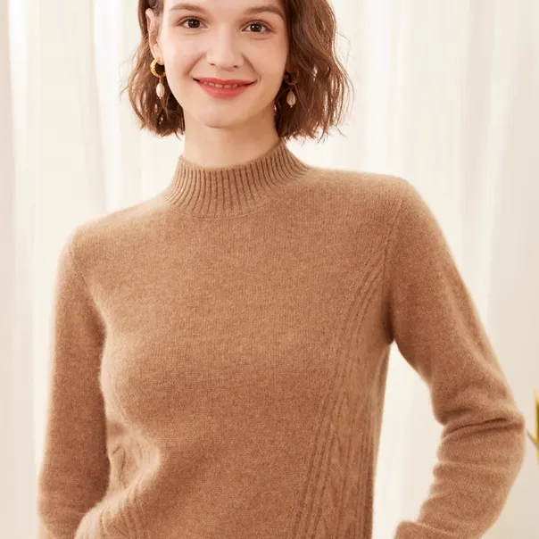 Thick, High-neck Cashmere Sweater For Women, Pure Cashmere Pullover Base Layer Knit Sweater - Golden Camel