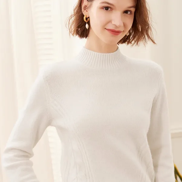 Thick, High neck Cashmere Sweater For Women, Pure Cashmere Pullover Base Layer Knit Sweater White - Shop at LoveMi