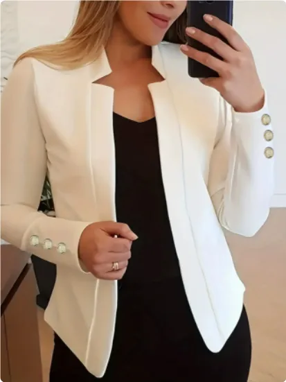 Solid Color Cuff Small Suit Long Sleeve Jacket Suit - White