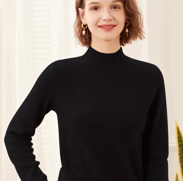 Thick, High neck Cashmere Sweater For Women, Pure Cashmere Pullover Base Layer Knit Sweater Sophisticated Black - Shop at LoveMi