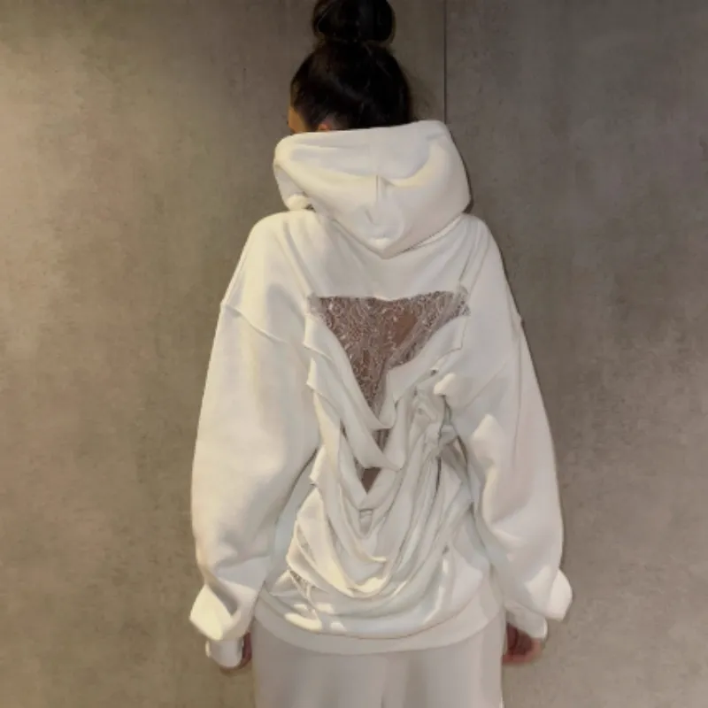 Women's Sexy See-through Mesh Patchwork Hoodie - White - View 1