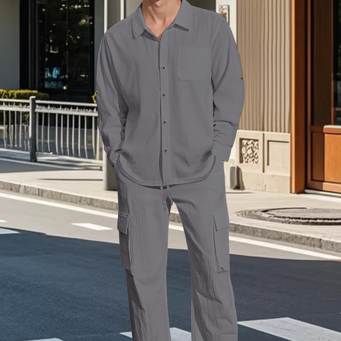 $22.11 Long Sleeve Lapel Linen Shirt Overalls Suit