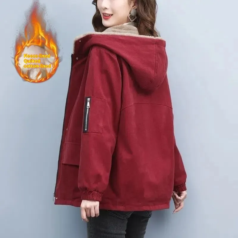 Fleece-lined Thick Loose Casual Korean Super Hot Cotton-padded Jacket - Red