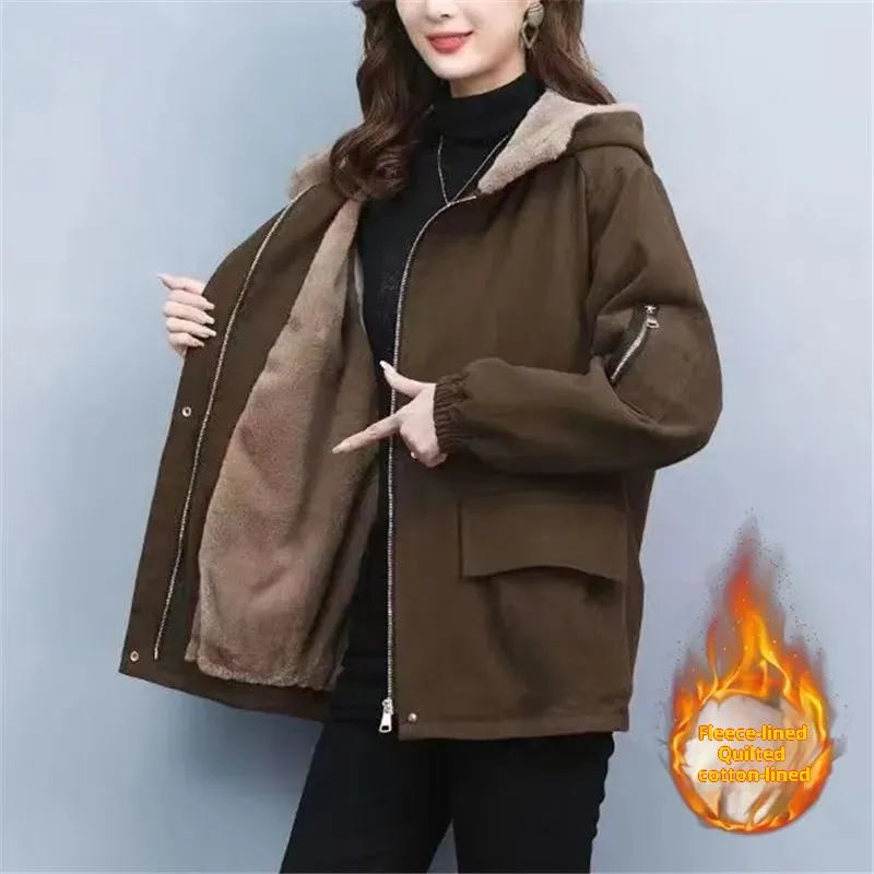 Fleece-lined Thick Loose Casual Korean Super Hot Cotton-padded Jacket - Brown