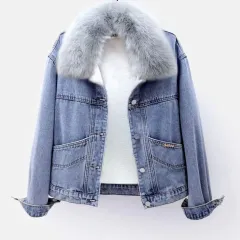 Loose Fashion Short Embroidered Denim Jacket - Blue Plus Velvet - View 1