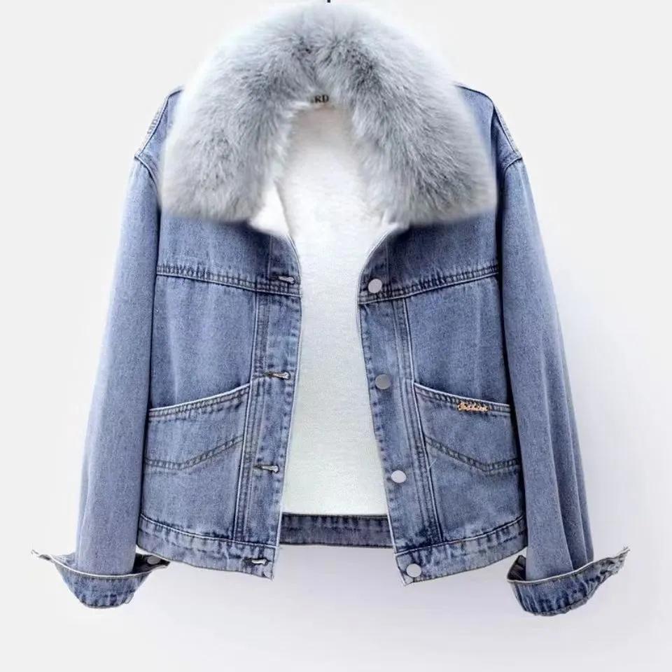 Loose Fashion Short Embroidered Denim Jacket - Blue Plus Velvet