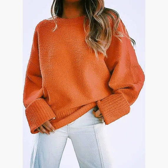 Women's Fashion Casual Round Neck Long Sleeve Plush Sweater Top - Orange