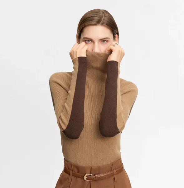 Color blocked Turtleneck Wool Sweater For Women, Slim Fit, Two way Knit Base Layer Khaki - Shop at LoveMi