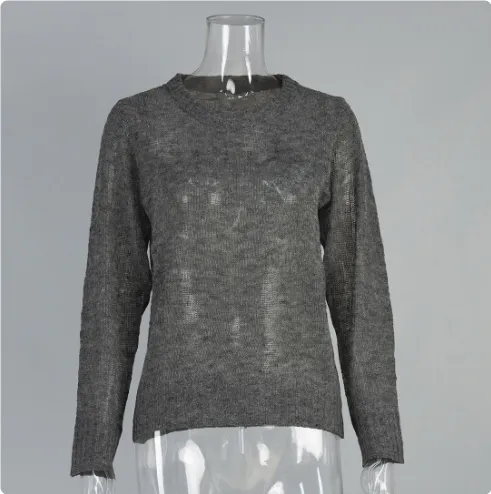 Sweater Blouse Women's Round Neck European And American Style See through Dark Grey - Shop at LoveMi
