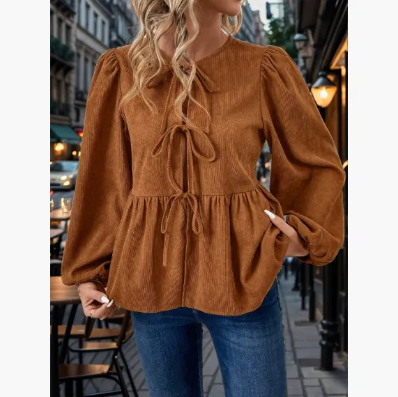 Women's Velvet Sweet Lace up Shirt Khaki - Shop at LoveMi