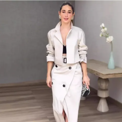 European And American Leisure Workwear Elegant Button Belt Suit Skirt Apricot - Shop at LoveMi