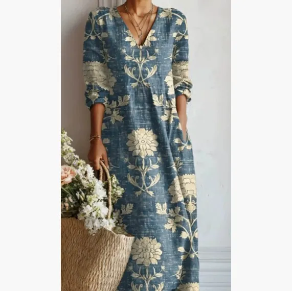 European And American Women's Casual Fashion Printing V-neck Mid-length Dress - Kvc41