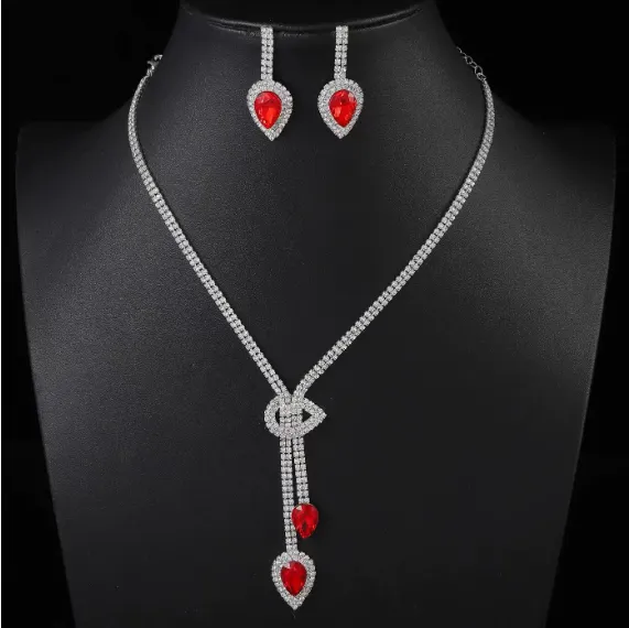 Korean Foreign Trade In Europe And America Two Piece AAA Zircon Jewelry Set - Red 02