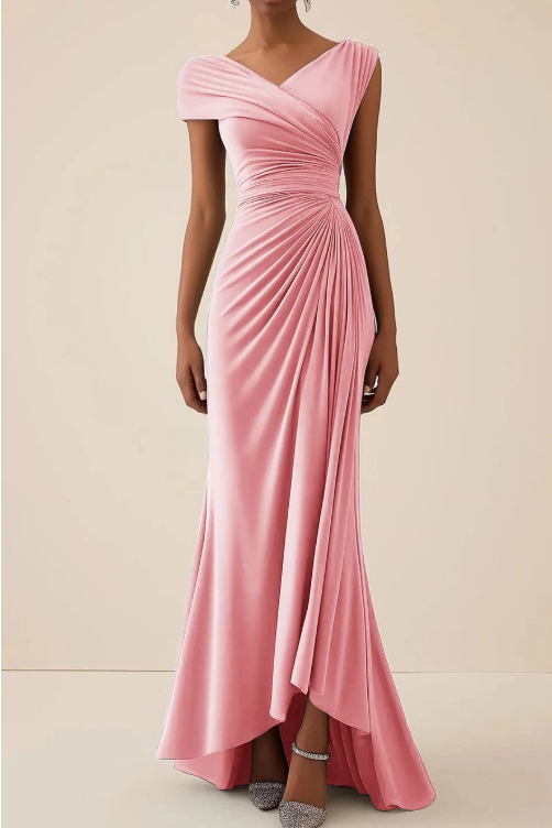 Pleated Short sleeved V neck Long Dress Pink - Shop at LoveMi