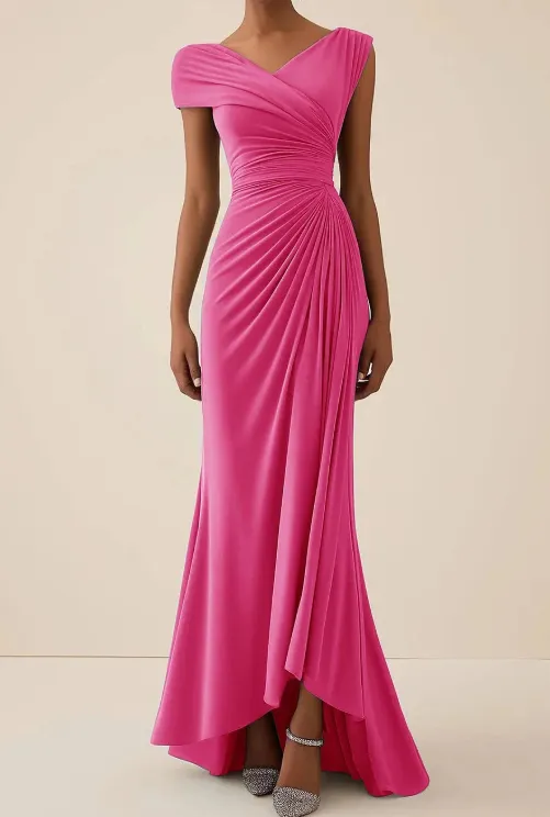 Pleated Short-sleeved V-neck Long Dress - Rose