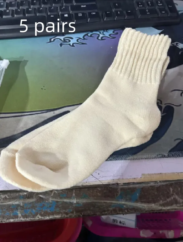 Ins Knitted Socks Winter Warm Thickened Solid Loop Socks High Ribbed Sweat-absorbent Floor Sock - Beige 5 Pairs