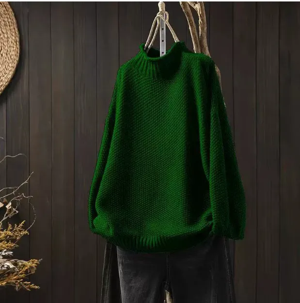 Mock Neck Sweater Women Loose Plus Size Dark Green - Shop at LoveMi