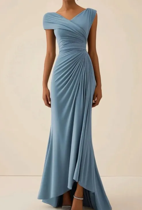 Pleated Short-sleeved V-neck Long Dress - Blue