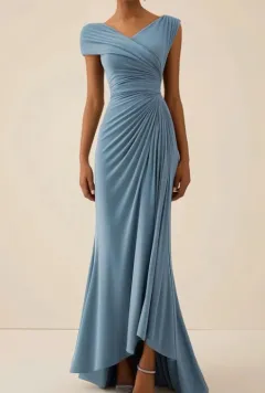 Pleated Short-sleeved V-neck Long Dress - Blue - View 1