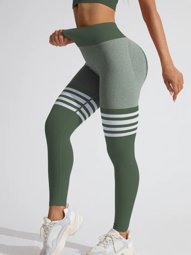 Striped Outdoor Sports Tights High Waist Hip Lift Running Exercise Workout Pants Hemp Army Green - Shop at LoveMi