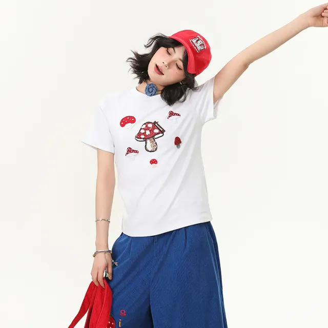 Women's Mushroom Embroidered Crew Neck Shoulder Short sleeved T shirt White - Shop at LoveMi