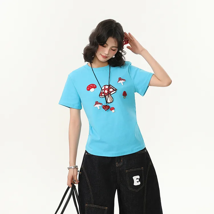 Women's Mushroom Embroidered Crew Neck Shoulder Short-sleeved T-shirt - Blue
